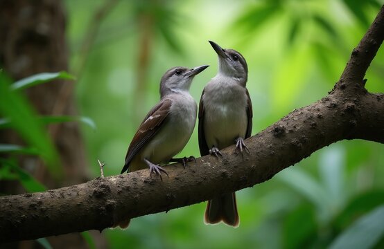 Two jungle babblers perch on a thick tree branch amid lush green forest foliage. These small birds look at each other, showing their natural habitat and gentle bond in Sasan Gir, India.