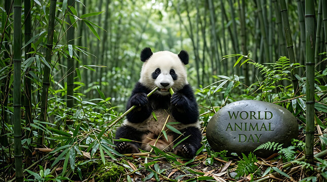 Giant panda eating bamboo shoots in green forest with world animal day sign