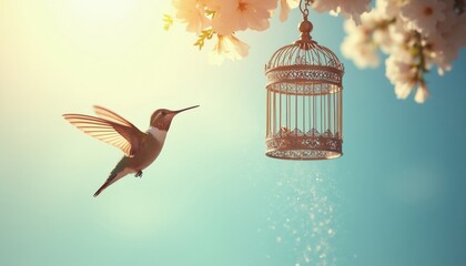 Naklejka premium Hummingbird flies away from ornate open birdcage hanging on branch with flowers. Small bird escapes prison, gains freedom, soars through bright sunny sky, leaving confinement behind.