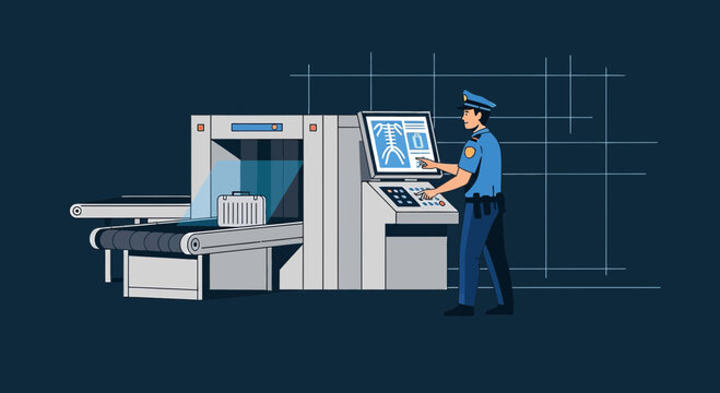 Airport security scanner, screening luggage with x-ray machine and guard