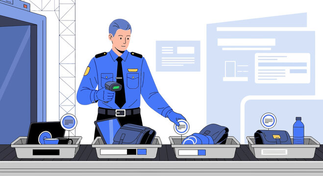 Airport security officer scans luggage at x-ray machine, travel safety concept
