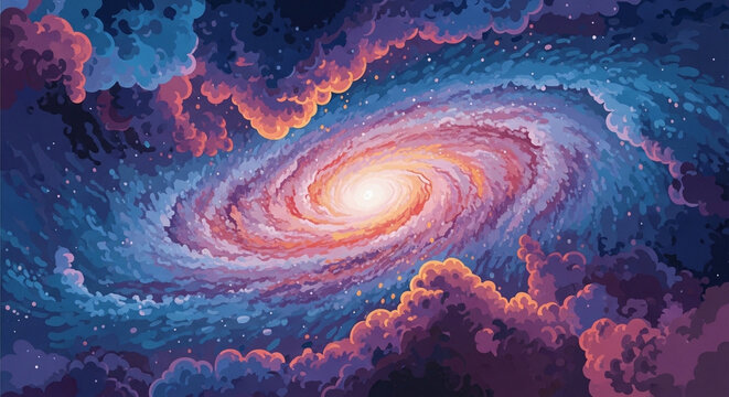 Vibrant galaxy illustration with swirling colors and celestial clouds, perfect for space-themed designs