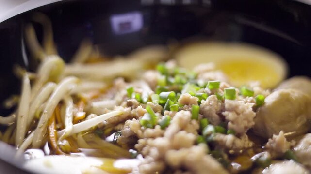Traditional Japanese Noodles In Bowl Close Up 4K