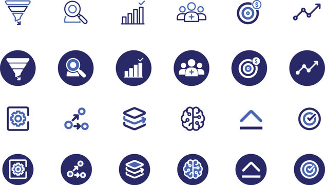 Business analytics and data icons in blue and white color palette 