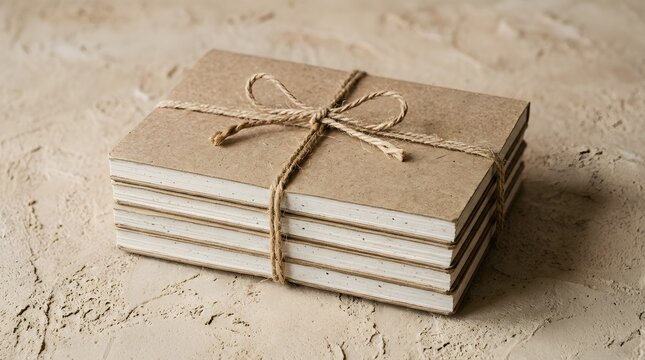 Stack of Recycled Paper Notebooks Bound Together with Natural Twine String on Textured Background