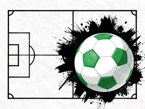 Green soccer ball exploding from black ink splatter design
