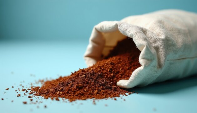 Close-up of sack spilling dried ground coffee beans onto light blue surface. Fine brown powder creates textured pile next to fabric. This ingredient hints at brewing or cooking preparation.