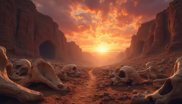 Dry valley floor littered with skulls and bones. Tall canyon walls frame a dramatic sunset sky with vibrant orange clouds. Empty caves visible in cliff faces.