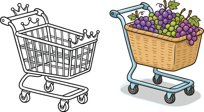 Vector illustration of empty wire shopping cart with crowns and trolley basket filled with fresh grapes