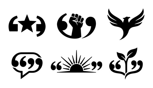 Quote Icons Set: Star, Fist, Phoenix, Speech Bubble, Sun, Leaves, Vector Graphics