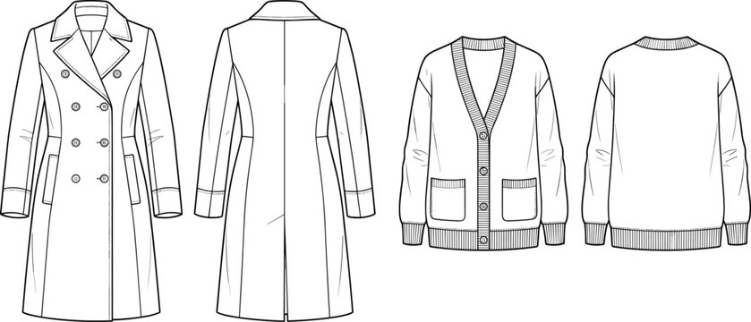 Fashion technical sketch of women double breasted trench coat and knit cardigan sweater template