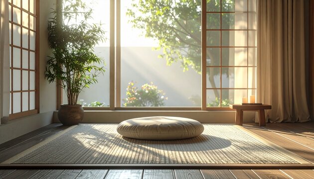 Serene Minimalist Japandi Bedroom Interior with Natural Light, Zen Meditation Corner Featuring Tatami Mat, Floor Cushion, and Indoor Plant by Large...
