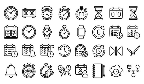 Clock and Time Outline Icons Vector Set Editable Stroke Linear Collection for Schedule Timer and Calendar