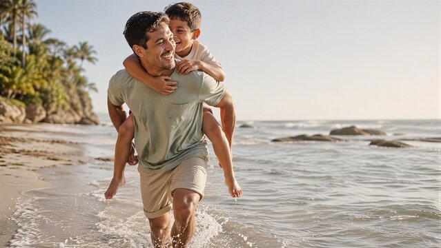 Happy father giving son piggyback ride on beach. Man carrying boy into ocean. Summer vacation and family bonding concept for Fathers Day