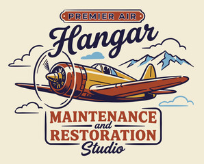 vintage aviation hangar logo, retro airplane propeller illustration, maintenance restoration studio sign, classic aircraft flight design © srina