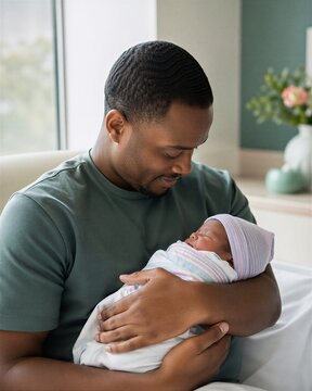 African american father holding newborn baby in striped blanket wearing green shirt looking at sleeping child with tenderness for Fathers Day celebration and new parenthood joy. portrait format