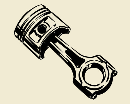 Engine piston sketch, connecting rod, automotive part illustration, mechanical component, vintage garage art, car engine detail