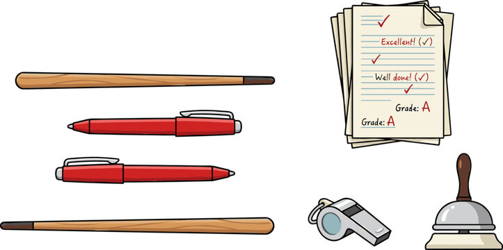 School Teacher and Classroom Grading Icon Set with Wooden Pointers Red Correction Pens Exam Papers Marked Grade A Sports Whistle and Call Bell