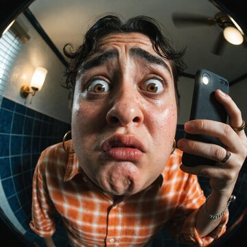 close-up of shocked person looking into phone