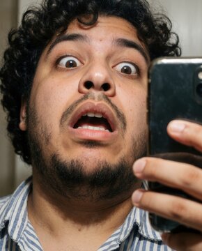 close-up of shocked person looking into phone