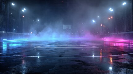 Fototapeta premium Futuristic soccer pitch with glowing neon blue, purple, and pink lights, reflective glossy floor, neon markings, subtle fog and particles, cinematic cyberpunk sports background with moody atmosphere