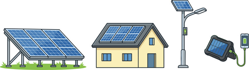 Fototapeta premium Solar Power Energy Vector Icon Set Featuring Large Solar Panel Array Residential House Roof System Street Light Pole and Portable Smartphone Charger Station