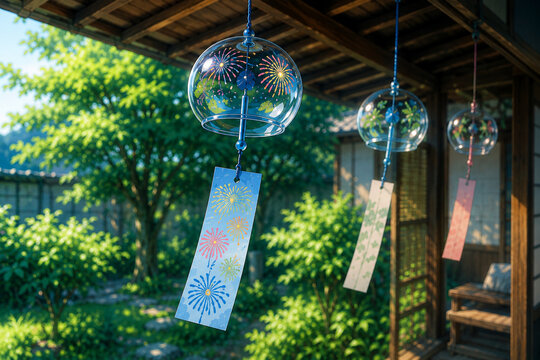 Anime Style Japanese Glass Wind Chimes Hanging on a Traditional Wooden Porch in Summer