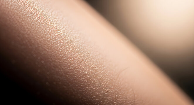 Close-up of human skin with fine hairs and texture, showing detail of epidermis and dermis, natural body