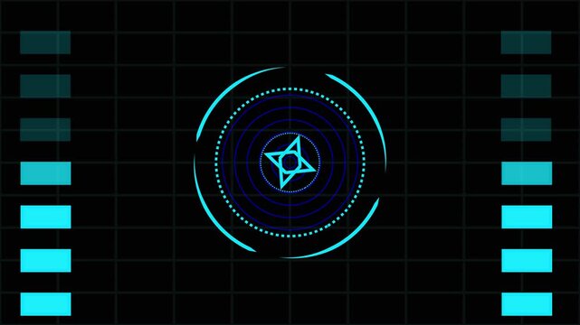 Futuristic HUD target reticle with glowing cyan neon elements. Weapon crosshair target reticle for tactical cockpit aim tracking. Animated target reticle.