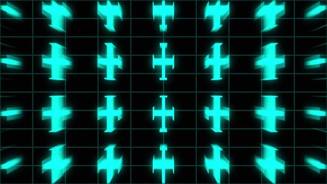Glowing cyan cross shapes arranged in grid perspective backdrop. Digital cross symbols for modern information database presentation. Animated design loop.
