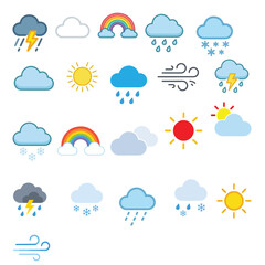 Obraz premium Colorful weather icons set with clouds, rain, sun, snow, and wind symbols