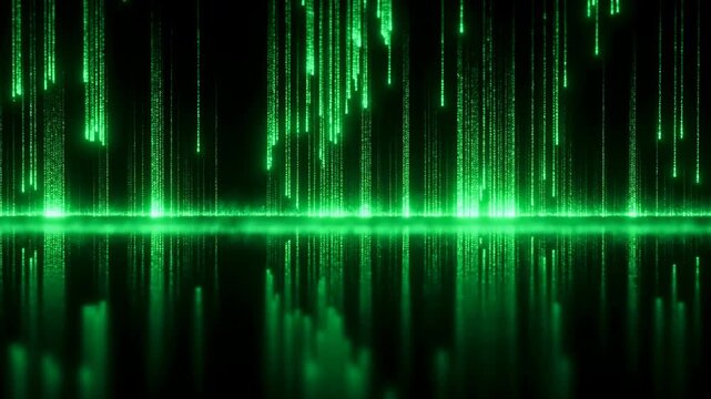 Neon green vertical code streams over dark horizon with glossy mirror reflection, forming abstract digital pattern with dense glowing columns, cinematic contrast, depth, and futuristic energy