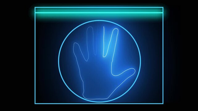 Neon blue outline of human hand inside geometry frame box. Biometric hand scan icon for digital secure system access check. Animated neon hand loop.