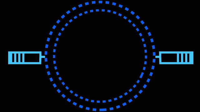 Two blue dashed circles connected by blue rectangle bar lines. Communication link circles symbol for computer network channel. Animated link graphic.