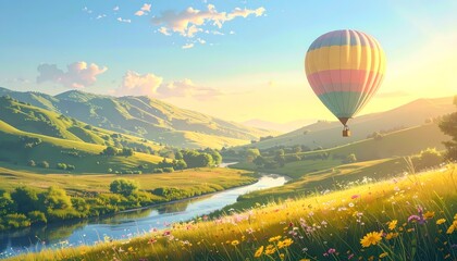 Fototapeta premium Colorful hot air balloon wide shot floating over green valley landscape digital art warm golden sunlight with hills and river background.