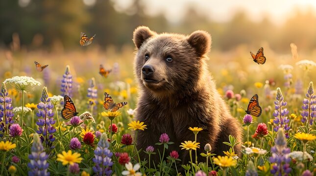 Curious bear cub sits peacefully surrounded by colorful wildflowers and fluttering butterflies in a sun-drenched meadow.