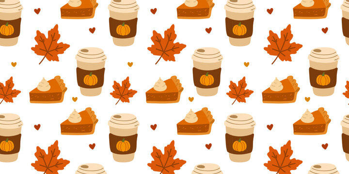 autumn pattern with pumpkin pie and coffee seamless illustration design