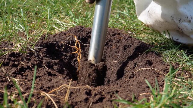 Soil sampling, professional technician using metal probe to extract earth core from garden lawn, detailed agricultural analysis process in bright daylight, symbolizing scientific research and testing