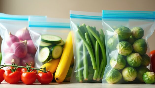 Various fresh vegetables like tomatoes, onions, cucumbers, green beans, brussels sprouts neatly packed in transparent zip bags for storage. Healthy food preparation, eco friendly waste reduction