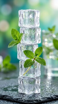 Refreshing mint leaves nestled between stacked ice cubes on a dark wet surface with a blurred green background.