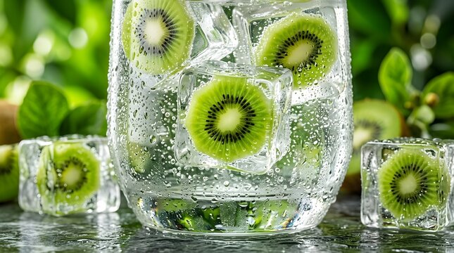 Refreshing glass of sparkling water with ice cubes and vibrant kiwi slices, perfect for a summer day.