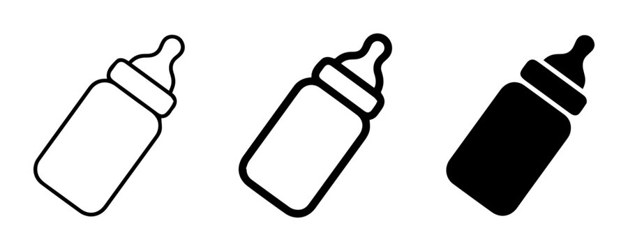 Baby Bottle Icons, Simple Line Art and Solid Fill, Infant Feeding Supplies