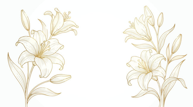 Set of two golden lily flower arrangements, elegant botanical illustrations for wedding stationery, luxury floral design elements with lilies and buds