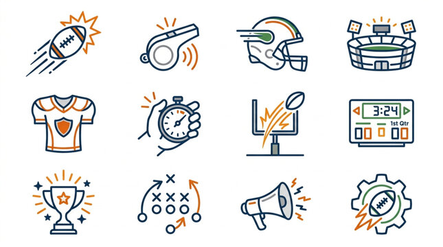 American Football Icons Set Sport Equipment and Symbols.