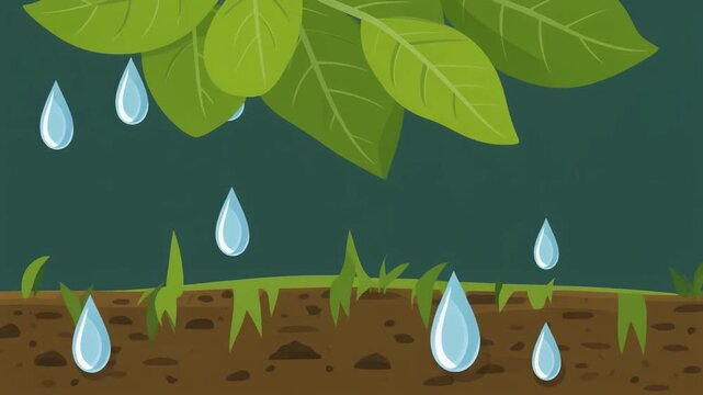 Water drops falling from green leaves on fertile soil, nature rain concept vector illustration