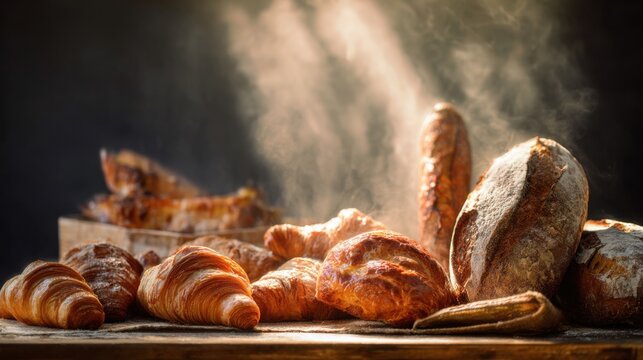 assortment of freshly baked artisan bread and buttery croissants, steam rising, rustic bakery display, golden crust, warm morning light, gourmet