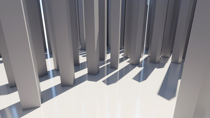 Fototapeta premium Abstract 3D render of grey geometric pillars with long shadows on white floor. Minimalist architecture background
