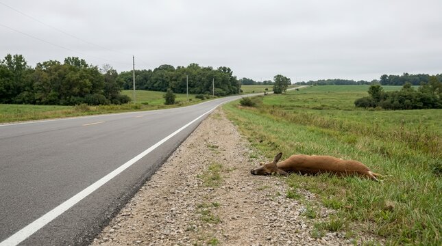 Dead deer lying on the grassy shoulder of a rural highway. Roadkill animal carcass after a vehicle collision. Wildlife hazard on country road