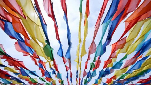Low view of colorful fabric flags fluttering in parallel rows overhead, creating rhythmic lines, soft movement, layered texture, and strong upward perspective, with flag, fabric, colorful, bunting