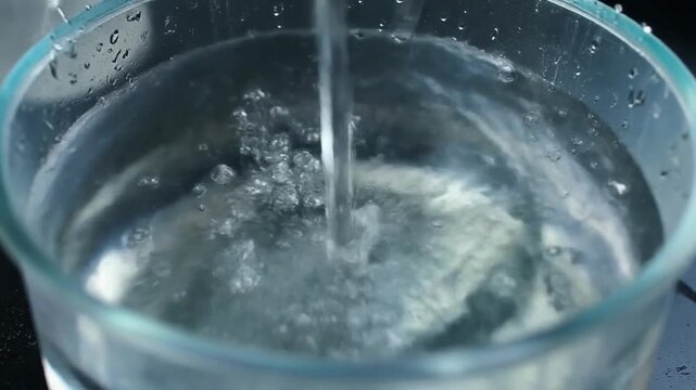 Close-up of clear water pouring into a glass beaker with air bubbles during a scientific experiment